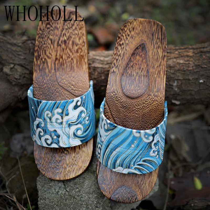 

WHOHOLL Geta Anime Cosplay Costumes Men's Clogs Slipperss Japanese Wooden Geta Men's Clog Slippers Flat Platform Beach shoes