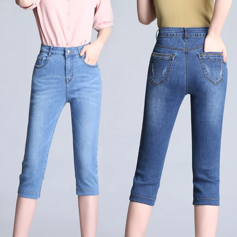 2024 New Summer Jeans Capris Women's Blue Straight Denim Pants Casual Skinny Slim Washed Calf Length Short Jeans