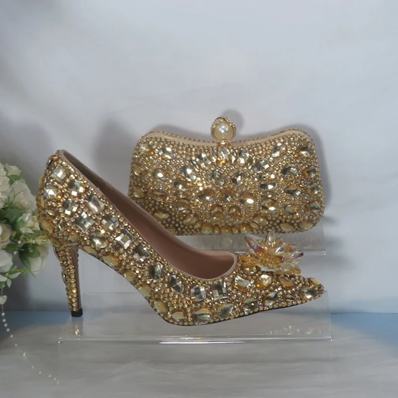 

2021 new golden crystal wedding shoes with the same bag pointed rhinestone high heels ankle strap ladies party dress shoes