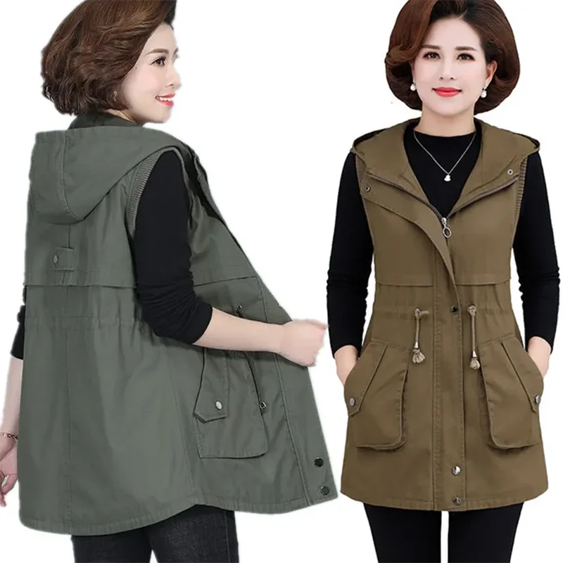 

2023New Spring Autumn Vest Women Mother's Waistcoat Mid-Length Hooded Female Jacket 5XL Sleeveless Coat Cardigan A143