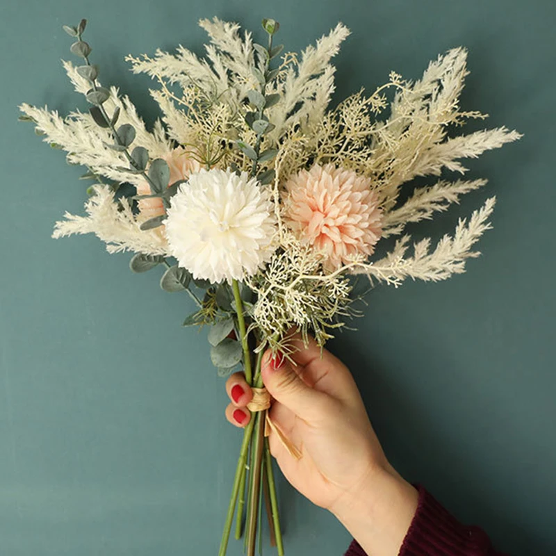 

White artificial bouquet, preserved flowers, silk dandelions, eucalyptus, mixed, wedding, home party, decoration, high quality