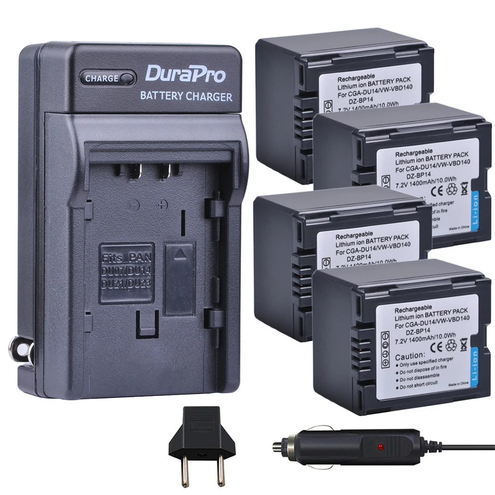 

DuraPro 4 шт. CGA-DU14 VW-VBD140 DZ-BP14 CGA DU14 батарея + Автомобильное зарядное устройство для Panasonic DU06 DU07 NV-GS10 VDR-M70/M50 NV-GS10 CGA-DU12