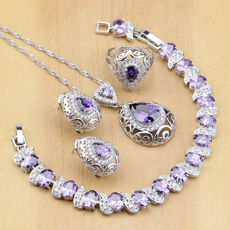 

925 Sterling Silver Bridal Jewelry Sets Purple Zircon White CZ Decorations For Women Earrings/Pendant/Necklace/Rings/Bracelet