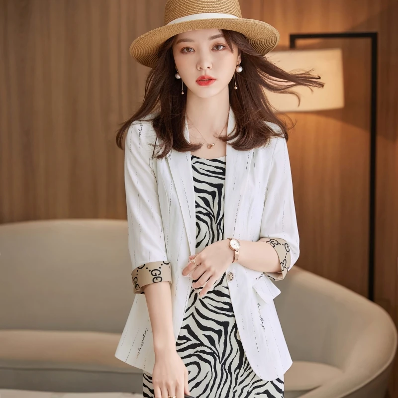 Elegant Striped Half Sleeve Blazers Jackets Coat Formal OL Styles Business Work Wear Professional Outwear Blaser Tops Clothes