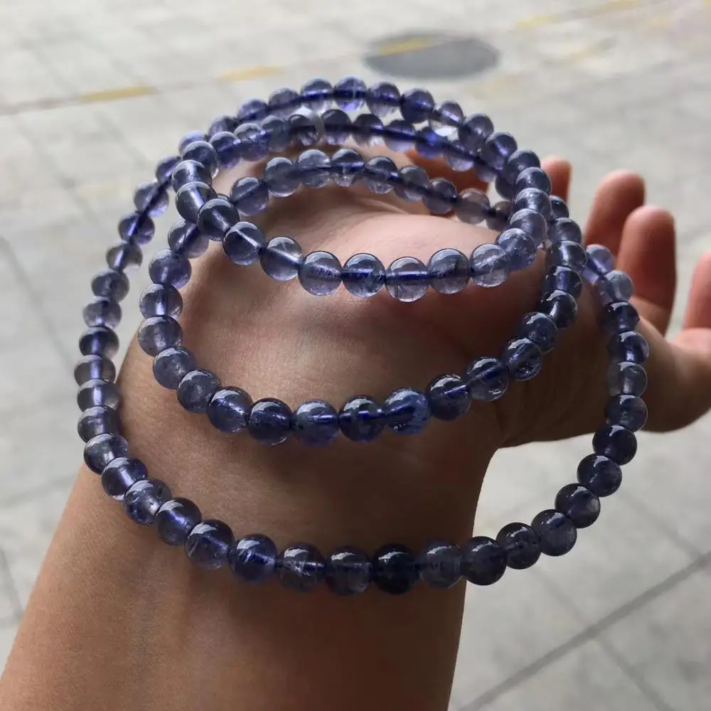 Genuine Natural Blue Dichroite Cordierite Iolite 3 Laps Bracelet 6mm Women Iolite Crystal Bead AAAAA