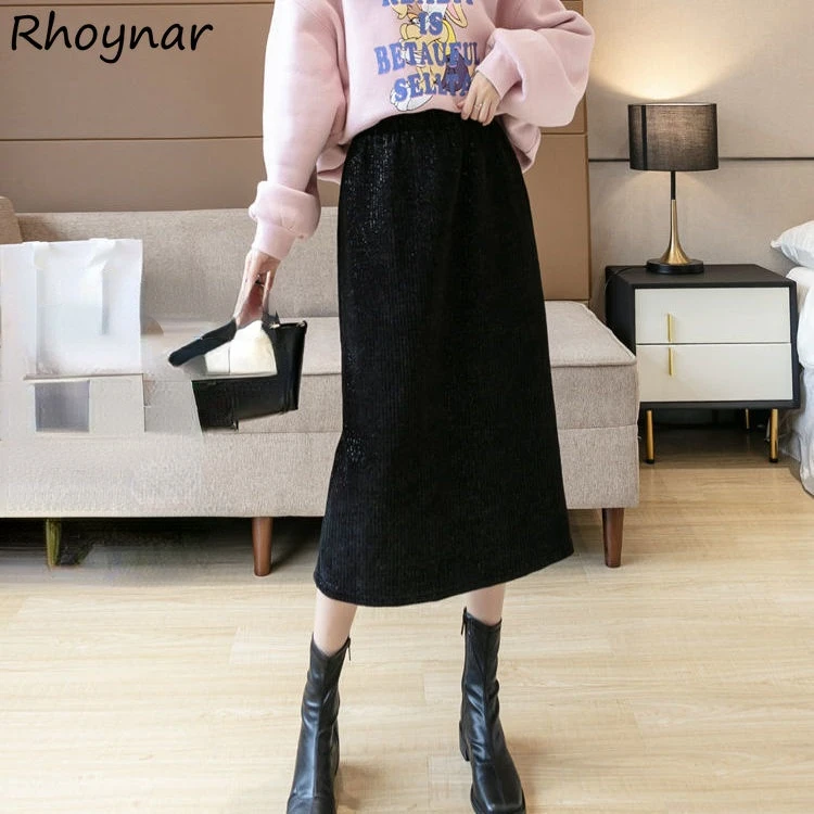 

Skirts Women Thicken Winter Empire Black Cozy Ladies Office All-match Feminino Korean Style Bottoms Daily Street Side Split Ins