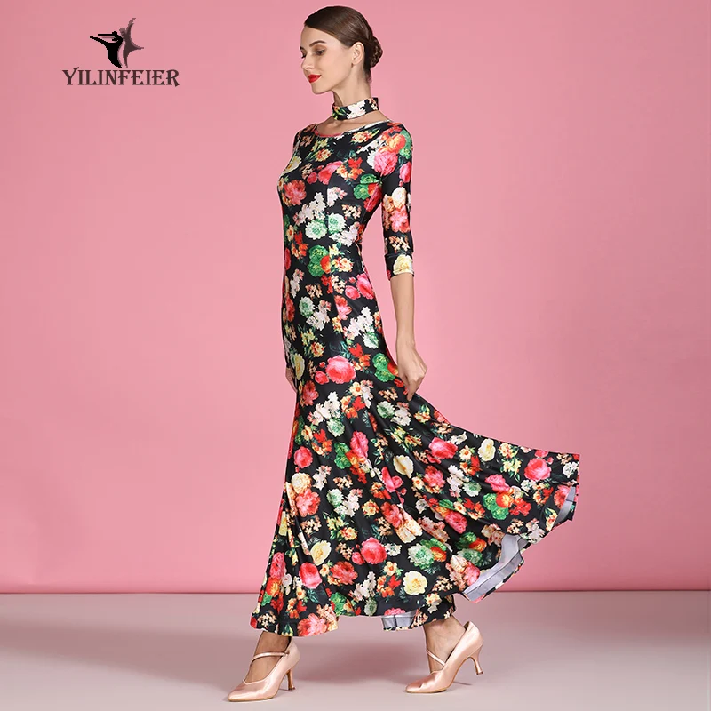 A buon mercato sala da ballo standard di vestito valzer valzer viennese per la danza altalena abiti da ballo flamenco lungo maniche lunghe vestito dalla stampa per la danza