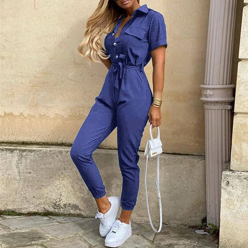 Women Jumpsuits Striped Printed Shorts Sleeve Bodysuits Waistband Streetwear Casual Overalls Catsuits Rompers Cargo Pants 2XL