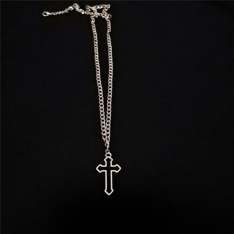 Vintage Gothic Hollow Cross Pendant Necklace Silver Color Cool Street Style Necklace For Men Women Gift Wholesale Neck Jewelry