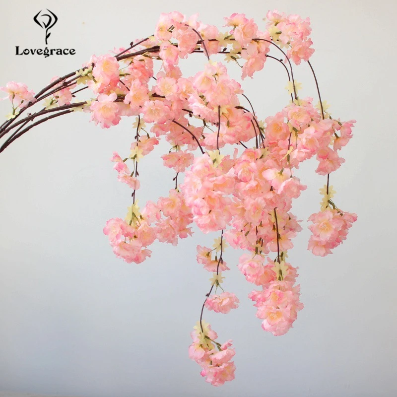 Lovegrace-ramo de flores de cerezo de seda para niña, flor Artificial de 135cm, colgante de pared para boda, decoración de fiesta en casa