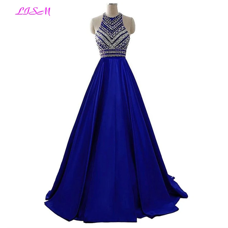 Royal Blue Crystals Prom Dresses 2022 A-lijn Mouwloos Party Jurk Met Zakken O-hals Kralen Satin Lange Formele Avondjurken