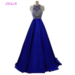 Royal Blue Crystals Prom Dresses 2022 A-Line Sleeveless Party Dress with Pockets O-Neck Beaded Satin Long Formal Evening Gowns