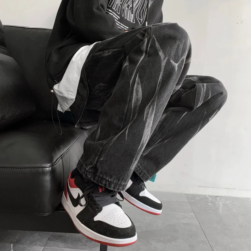 Black Tie Dyed Jeans Men's Straight Chic Loose Ruffian Handsome American Vintage Pants High Street Fashion Is Very Handsome