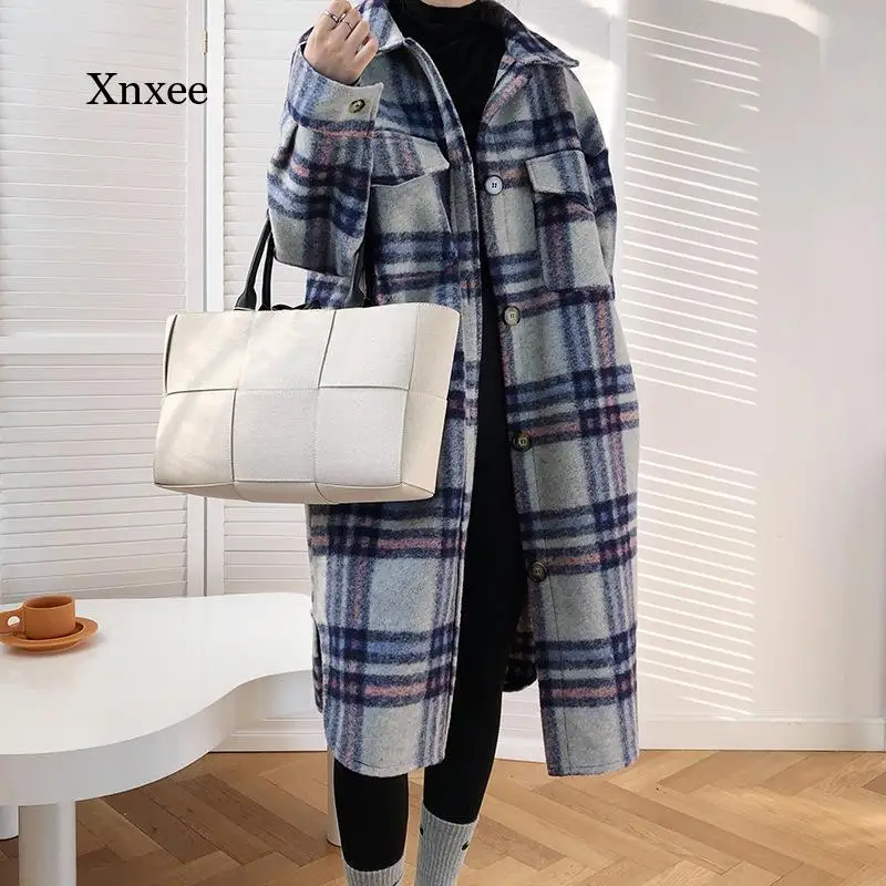 

British Style Plaid Print Long Woolen Coats Women Winter Female Plaid Print Retro Warm Thick Long Jacket Outercoats Outwear