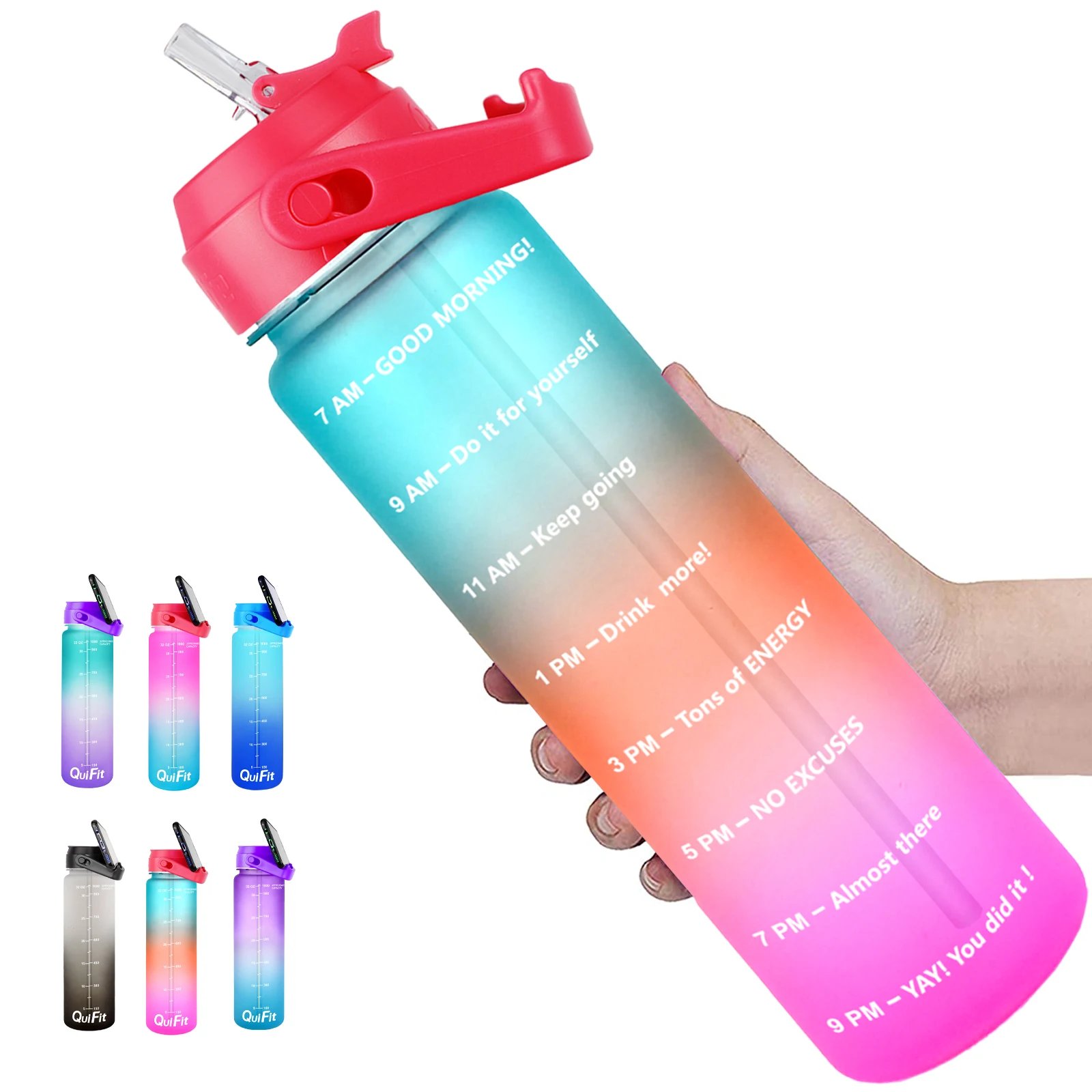 Quifit 1L 32oz Water Bottle With Straw Tritan BPA Free Sports Outdoor Camping Cup 32OZ Drinking Wide Mouth Leakproof