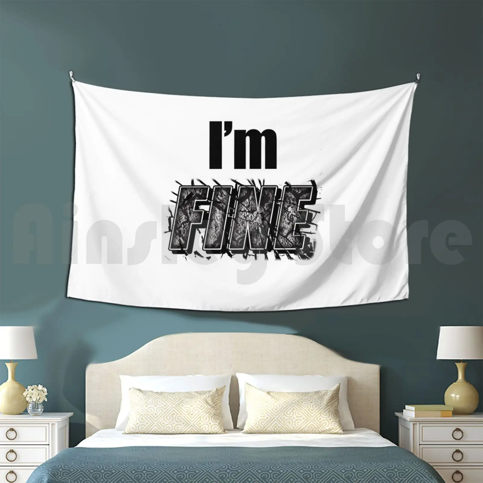 I'm Fine-Text Design Tapestry Background Wall Hanging Meme Depression Depressing Sad Emo Emo Meme Quote Black And