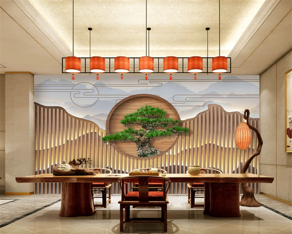 beibehang Custom wood stripe new Chinese style guest pine background cloth tea room office decoration wallpaper papier peint