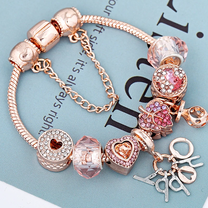 BAOPON Luxury Rose Gold HAPPY Pendant Charm Bracelets&Bangles For Women Silver Plated Bracelet Handmade Jewelry Crystal Bracelet