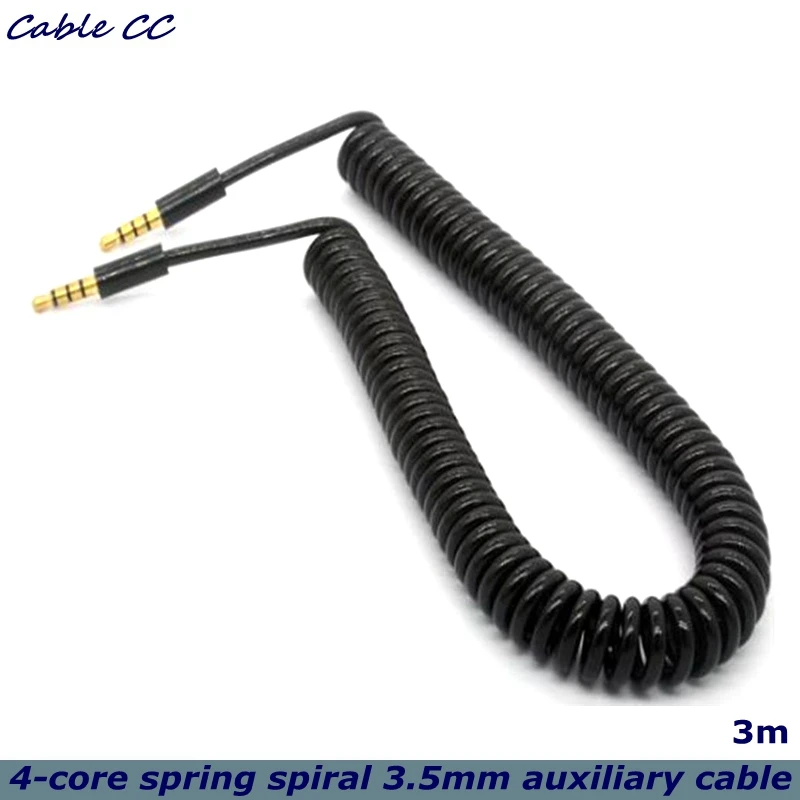 

3M Black 4-core Spring Spiral 3.5mm Auxiliary Cable With Mic Gold Stereo Audio Auxiliary Cable, Suitable for Computer / MP3