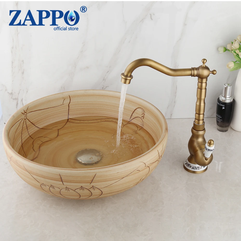 ZAPPO Bathroom Ceramic Basin Faucets Sets Basin Antique Brass Tap Bathroom Sink Washbasin Bath Mixer Set Flower Pattern