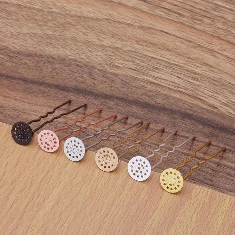 10pcs 12mm Hair Jewelry Settings Cabochon Base Blank Bezel Trays Hair Sticks for U Shape Hairpins Barrettes Retro Head Wear DIY