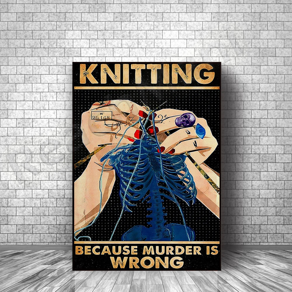 Knitting because murder is wrong poster, vintage poster, knitted skull canvas print, vintage poster knitted gift