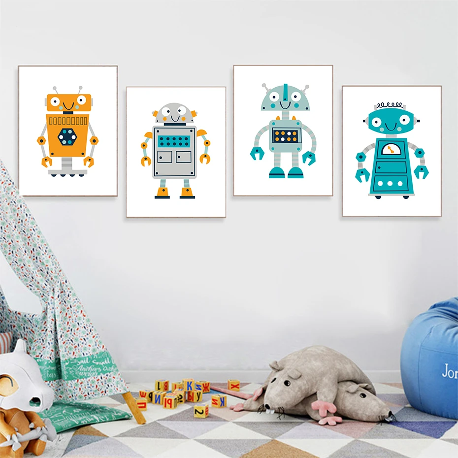 Creative cartoon robot painting print and poster wall art picture for children room decoration canvas painting