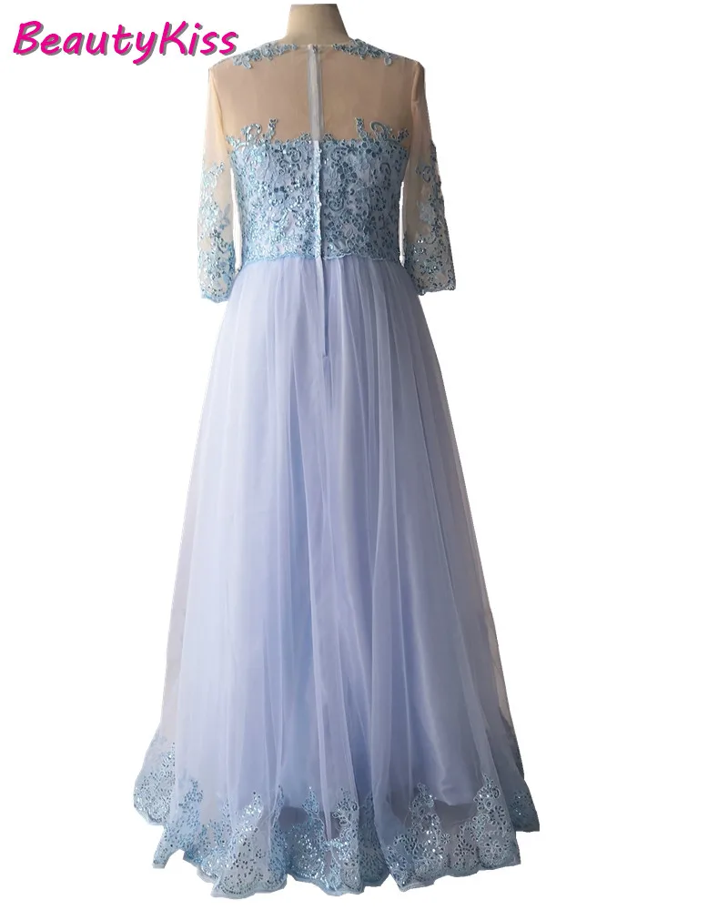 Abito per la madre della sposa taglie forti per la festa nuziale Tulle di pizzo blu 3/4 abiti da ballo per feste da sera formali da donna a manica lunga