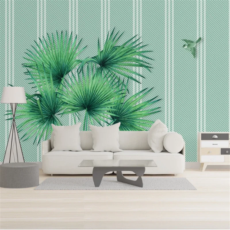 

wellyu Customized large mural Nordic simple small fresh hand-painted watercolor tropical leaves line lattice background wall