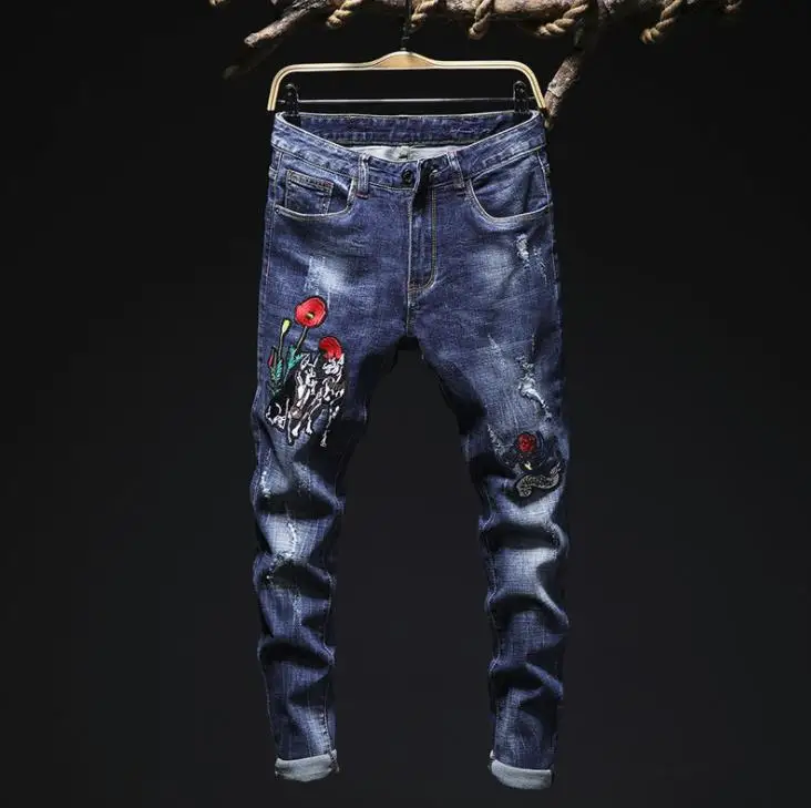 Hole Embroidered Men's Stretch Jeans Straight Slim Trousers With Rose Flower Patches Blue Denim Pants Cowboys For Young Man