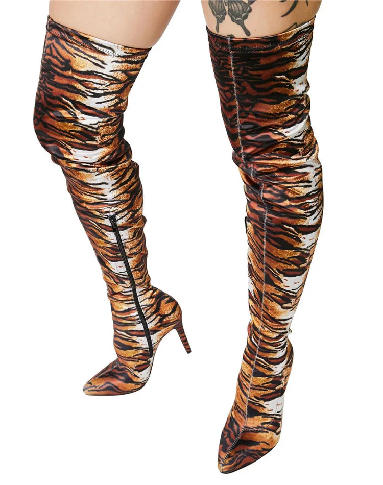 

Tiger Pattern Thigh High Boots Women Autumn Stretch Long Boots Round Toe Stiletto Heels Shoes Female Over The Knee Botas Mujer