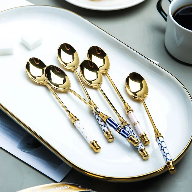 Edelstahl Dessert Löffel Keramik Langen Griff Eis Löffel Teelöffel Gold Kaffee Kuchen Obst Milch Löffel Küche Geschirr – Detail 2