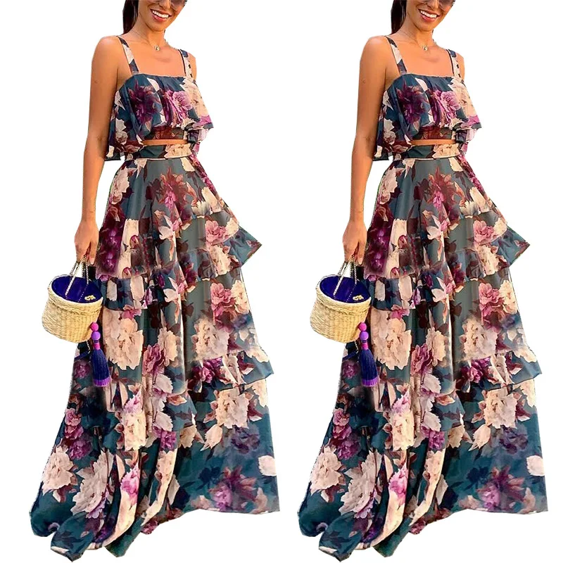 TEELYNN sleeveless crop top + maxi skirt women two pieces suit dresses vintage floral print ruffles summer set vestidos robe