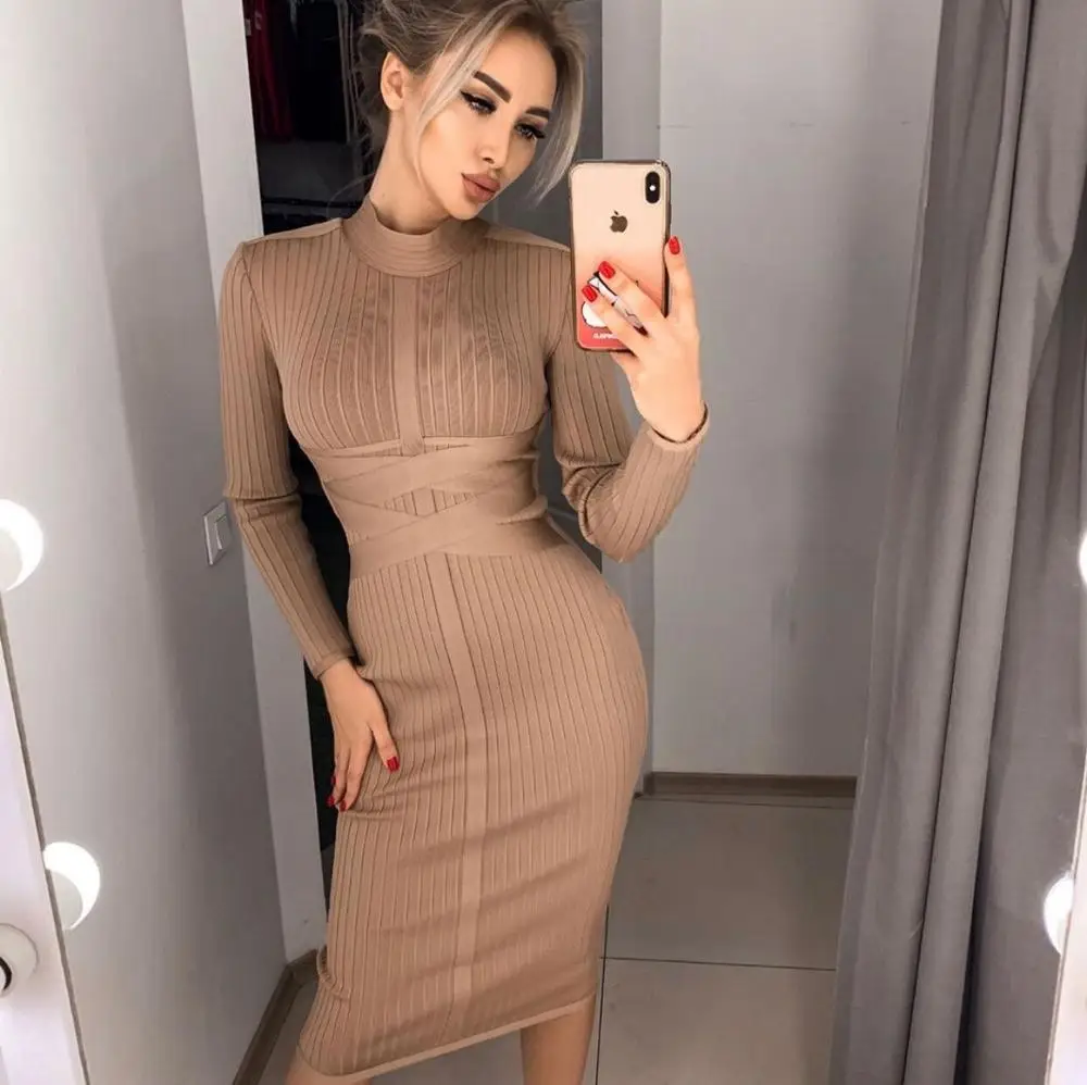 Bodycon Dress Rayon High Quality Turtleneck Long Sleeve Lace Up Bandage Dress Ribbed Knee-Length Sexy 2020 Vestidos Dobanmbd