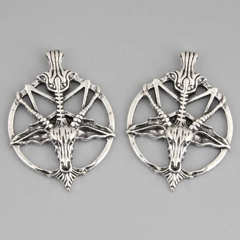 5pcs Silver Color 46.5x34.5mm Pan God Skull Goat Head Charms Pentagram Pendant Fit DIY Handmade Metal Jewelry Findings Supplies