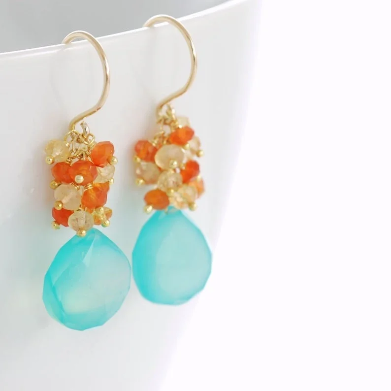 Beach Earrings, 14k Gold Gemstone Dangle Earrings, Aqua Orange Citrine Carnelian Earrings, aubepine