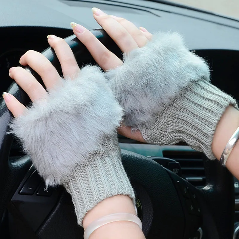 Winter Women Gloves Plush Faux Fur Knitting Wool Keep Warm Fashion Short Mitten Fingerless Lady Girl Half Finger Glove Hot Sale
