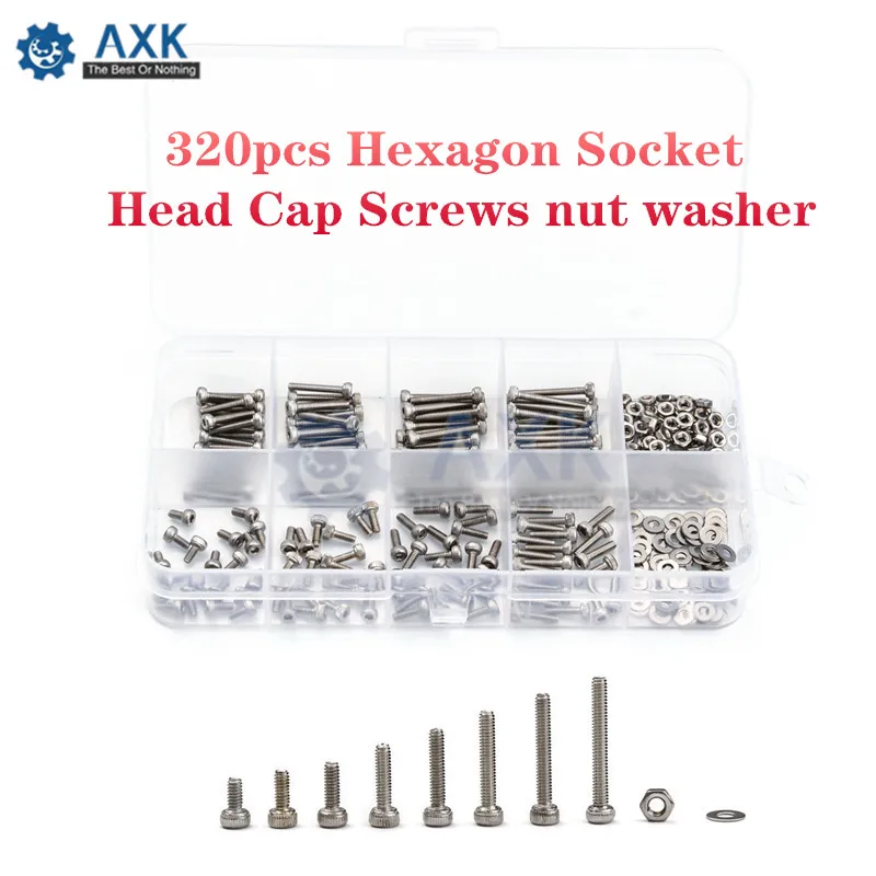 

320Pcs/set M2 Hexagon Socket Head Cap Screws 304 Stainless Steel Bicycle Hex Bolts Flat Washer Assortment Kit with Plastic Box