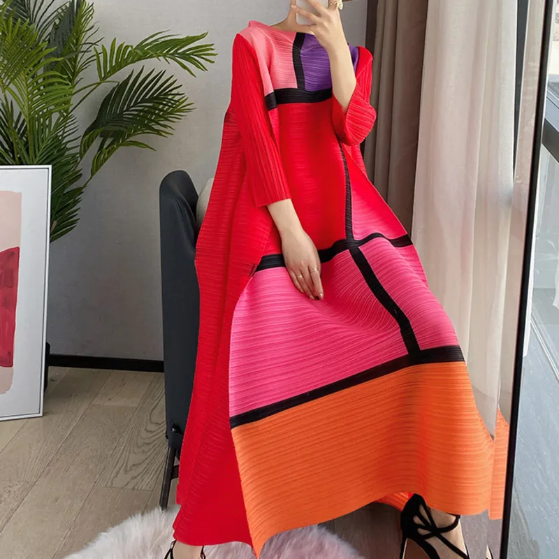 LANMREM Women Autumn Summer Long Dresses  Three Quarter Sleeve Casual Office Party Lady Elegant Plaid Dress 2D1236