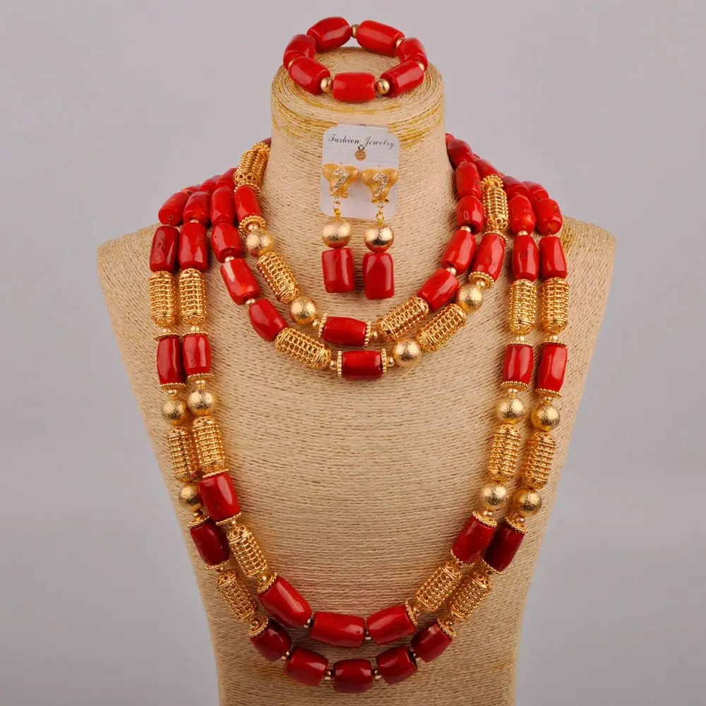 Fashion Irregular Necklace Nigerian Bride Red Natural Coral Beads African Wedding Women's Wedding Jewelry Set AU-381