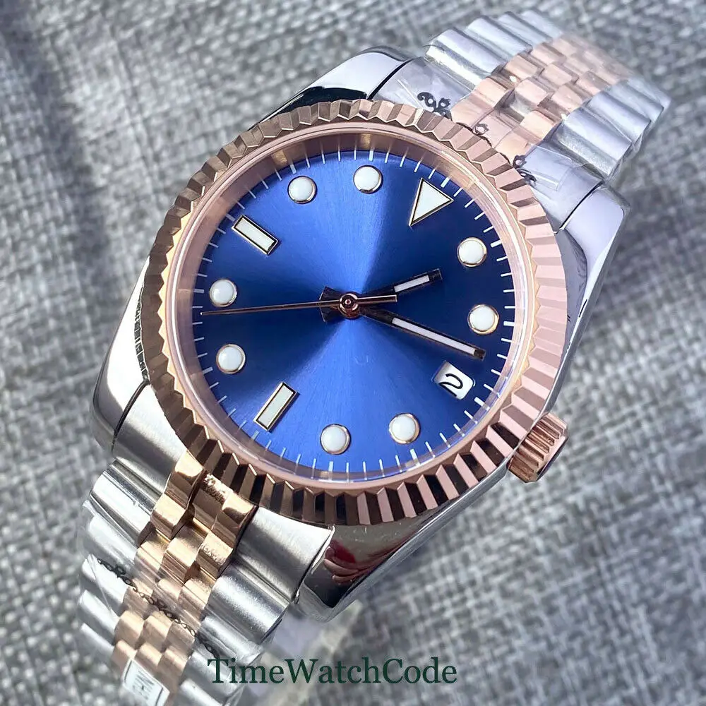 36mm/39mm Automatic Mens Watch NH35/Miyota8215 Sapphire Sunburst Blue Dial Date Window Rose Gold Plated 316L/solid Bracelet