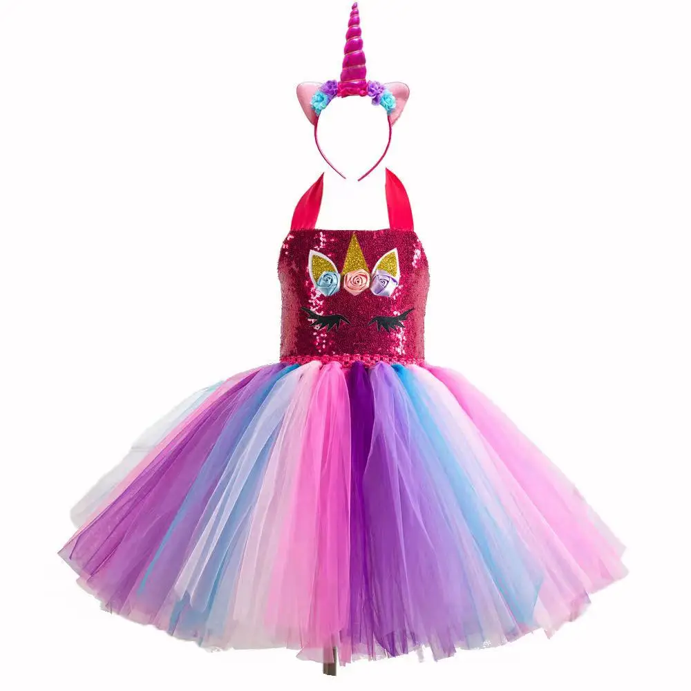 

New Sequined Unicorn Popular Gauze Customized Hand-tied Tutu Dress Girl Pengpeng Dress Princess Dress Headdress Unicorn Dress