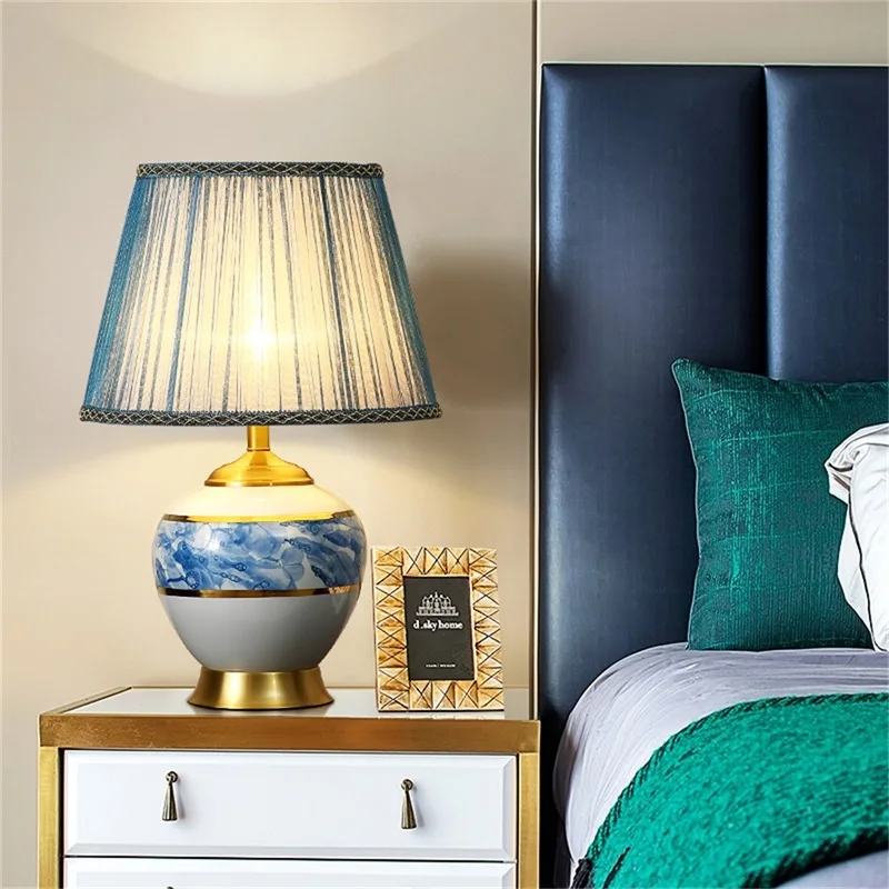 OURFENG Modern LED Table Desk Lamp Copper Bedside Light Ceramic Decorative Home Foyer Office Bed Room Dining Room