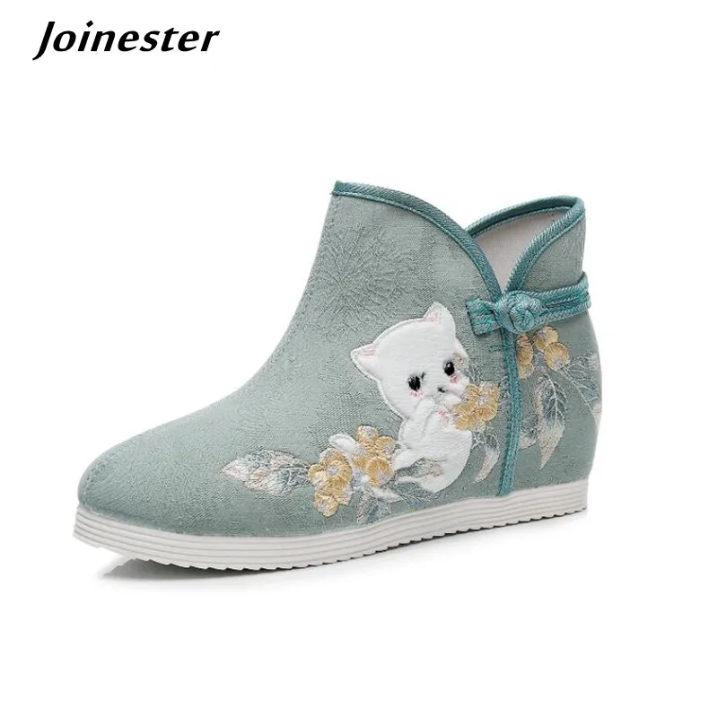 Women Vintage Ankle Boots Embroider Hanfu Shoes for Female Cotton Fabric Dancing Shoe Ladies Height Increase Short Booties