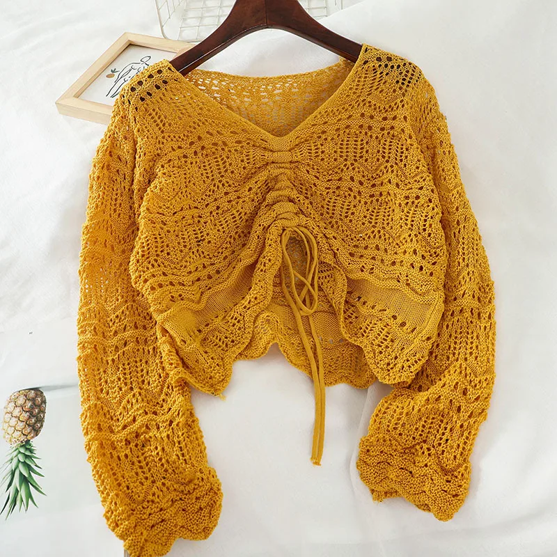 Spring Hollow Out Knitted Pullovers Women Thin V-Neck Drawstring Sweater Female Long Sleeve Bottoming Knitwear Short Tops AB1795
