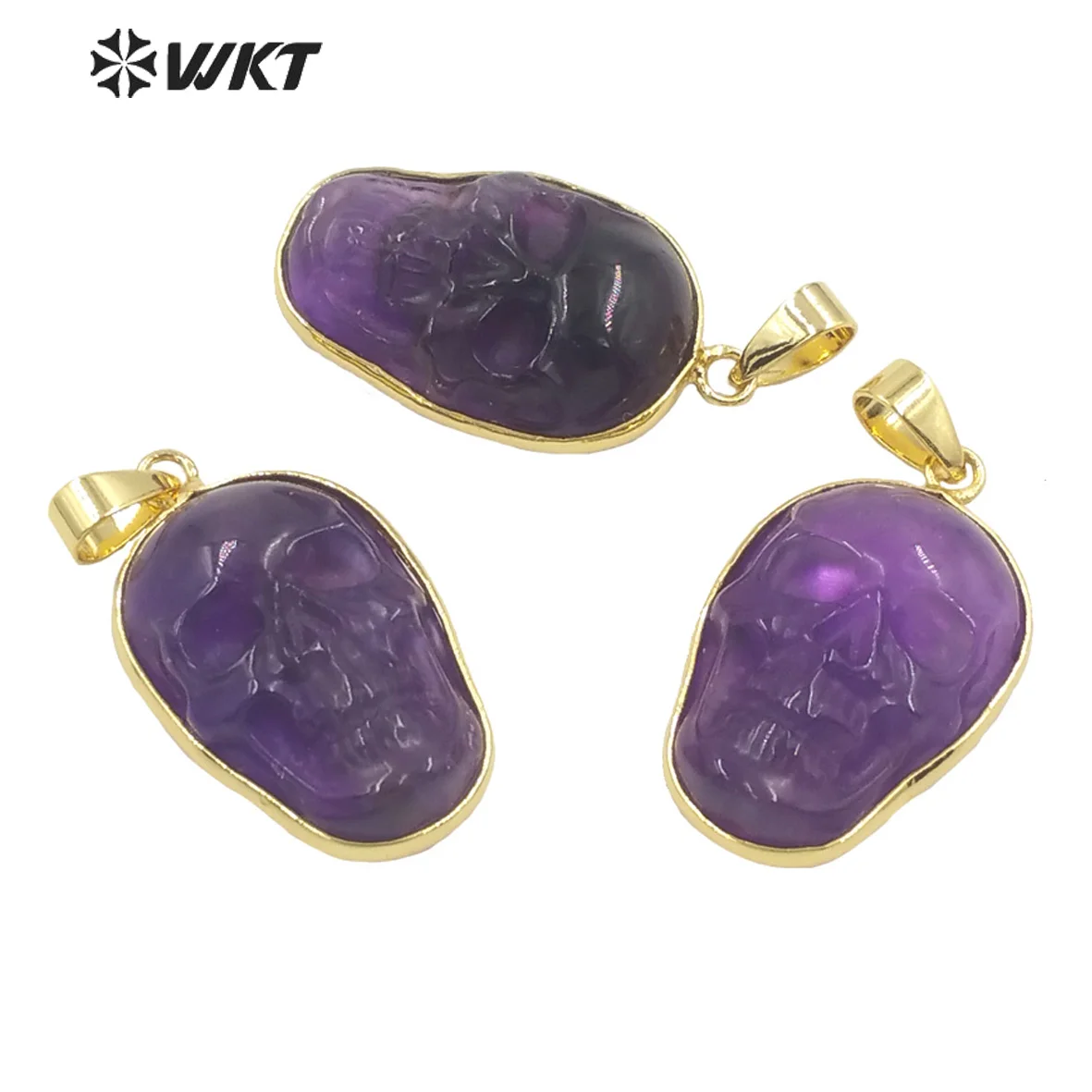 WT-P1762 Whoresale Fashion Skull Shape Gold Electroplated Amethysts Pendants Speacial Religious Pendants Jewelry for Necklaces