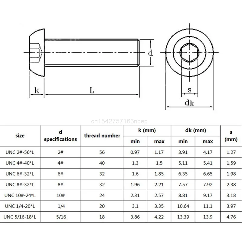 50pcs UNC 2-56 4-40 6-32 8-32 US Coarse Thread 304 stainless steel Allen Hex Hexagon Socket Button Head Screw Bolt ISO7380