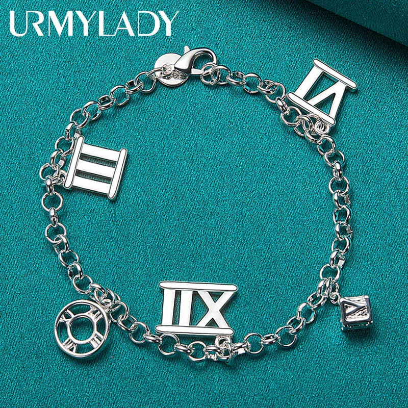 URMYLADY 925 Sterling Silver Roman Round Square Bracelet For Women Fashion Wedding Party Charm Jewelry