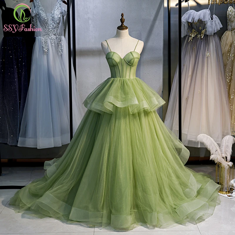 

SSYFashion New Long Green Prom Dress for Women Sexy Strap Sleeveless Court Train Party Evening Gown Vestidos De Fiesta