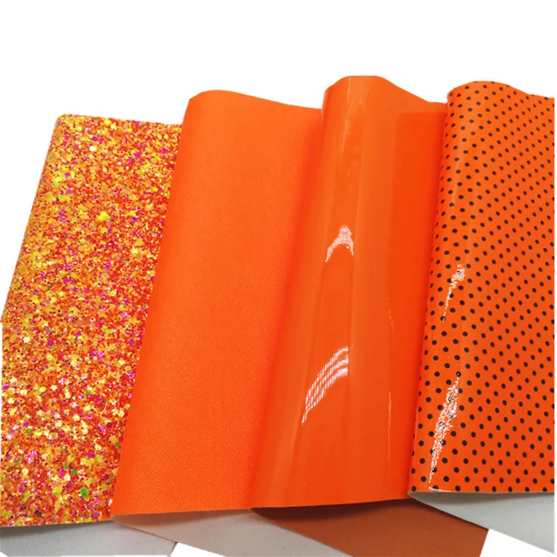 4PCS/SET Orange Glitter Vinyl Fabric Matching with Patent Leather Polka Dots Printed Faux Leather For Bows DIY 21X29CM Q189